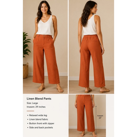 Lulus Pants - Lulus Rust Orange Linen Blend Wide Leg Pants Large Boho Trouser Cuffed Hem